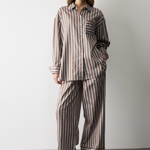 Wholesale Striped Two Piece Set Long Sleeved Shirt pants Women Clothing Nightwear lounge Wear Women's Satin Pajamas Set - Product Image 1
