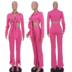 ชุดเซ็ตสองชิ้นแฟชั่นสำหรับสาวสูง ดีไซน์ใหม่ เสื้อแขนยาว กางเกงขาบาน - Product Image 5