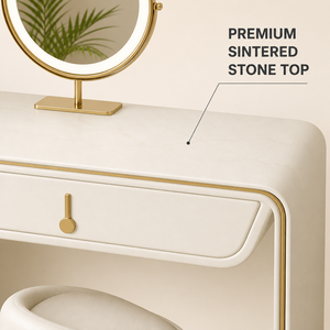 Table de toilette de luxe en bois massif, couleur crème, pour chambre à coucher, table de maquillage moderne minimaliste en cuir PU avec rangement - Product Image 2
