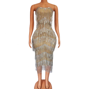 Déguisement scintillant sexy, en argent, décolleté plongeant en V, strass, extensible, bar, discothèque, chanteur, danse, compétition <span class=keywords><strong>de</strong></span> danse moderne, avec pompon - Product Image 1