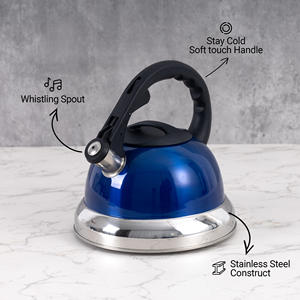 Bouilloire sifflante moderne en acier inoxydable pour cuisinière, finition miroir bleue, ébullition rapide avec bec verseur sifflant - Product Image 2