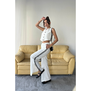 Conjunto de pantalones y chaleco corto blanco con rayas laterales y detalle de abertura en el bajo para mujer, talla S - Product Image 5