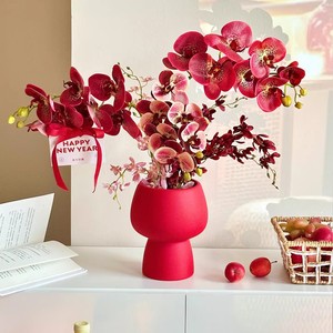 Bouquet d'orchidées Phalaenopsis artificielles, vase rouge, décoration du Nouvel An chinois, arrangement de fleurs en soie pour le salon - Product Image 3