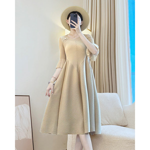 Women's Pink <b>Chiffon</b> V Neck Pleated A-Line Evening <b>Dress</b> Ruffle <b>Sleeve</b> Line <b>Midi</b> Cocktail Party Elegant Fashion Clothes - Product Image 5