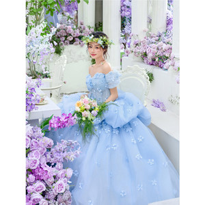 Blue Ball Gown Wedding Dress Strapless Empire Waist Puffy Princess Style For Bridal Events And Coming Of Age Ceremonies - Product Image 2