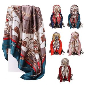 Wholesale Elegant Fashion Design 90 cm square Satin Silk Scarves for Women Printed Hijab Summer Sunscreen Headscarves <b>Wrist</b> <b>Band</b> - Product Image 1