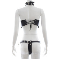 Ensemble de lingerie dos nu pour soutien-gorge ouvert en cuir BDSM Bondage noir pour femme