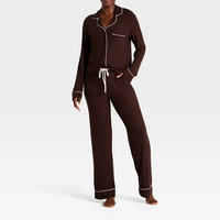 Ensemble pyjama femme en maille gaufrée, haut à col cranté et manches longues, pantalon de jogging à cordon de serrage, passepoil contrastant, vêtements de nuit et de détente pour femme