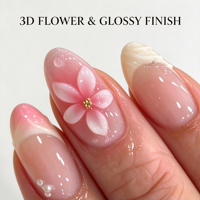 Faux ongles à presser French manucure dégradé rose pêche, ongles artificiels brillants en amande avec motif floral 3D, 24 pièces