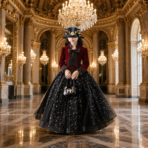 Abito Lungo di Alta Qualità per Bambine, Rosso Vino con Paillettes, Stile Vintage, per Autunno, Compleanno, Esibizione al <span class=keywords><strong>Pianoforte</strong></span>, Maniche Lunghe in Viscosa con Fiori - Product Image 1