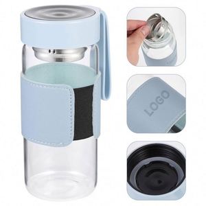 Bouteille d'eau en verre borosilicate de 480 ml (16 oz) avec infuseur à thé et étui en cuir, personnalisable avec logo – Vente en gros usine - Product Image 2