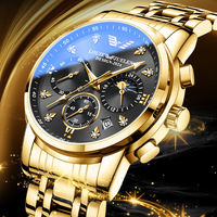 Montre pour homme à trois aiguilles et six index, affichage de la date et des phases lunaires, en acier inoxydable, mouvement à quartz
