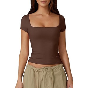 Haut court ajusté pour femme 2026, couleur unie, col <span class=keywords><strong>carré</strong></span>, manches courtes, style décontracté - Product Image 3