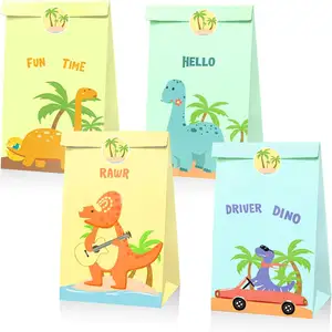 Dinosaur Party Favor Gift Bags 12pcs Birthday Goody Bags Dinosaur Print Party Favor Bags With Stickers for Dinosaur Theme Party