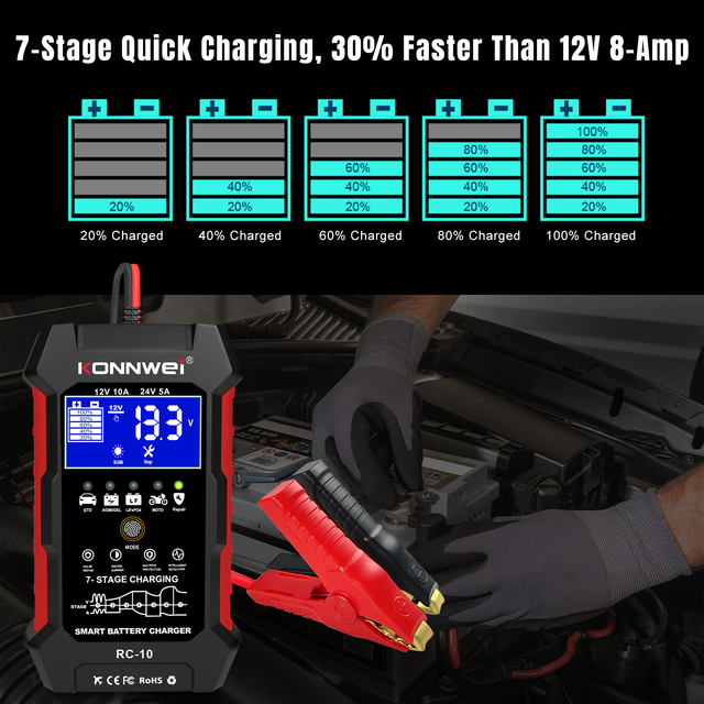 Universal Diagnostic Tools KONNWEI Factory Rc10 Car Battery Charger  RC-10 12V Battery Charger for Lead Acid Lithium Batteries