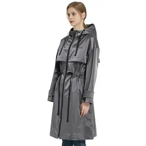 Women Long Tunic Lightweight Rainproof Hooded Windbreaker Jacket Quick Dry Metallic Trench Coat