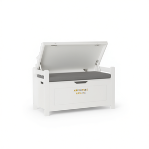 Banc de rangement en bois d'hévéa blanc pour enfants, grande boîte à jouets avec coussin, couvercle rabattable et charnière de sécurité, organisateur pour chambre d'enfant - Product Image 1