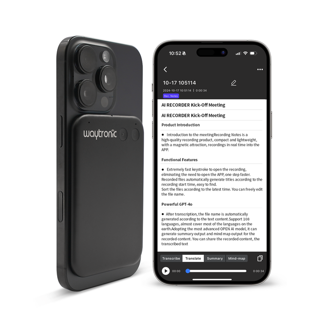 Newest AI App Smart Magnet Dictaphone Phone Call Activated Voice Recorder with Language Translation & Summarize MP3 Audio Format