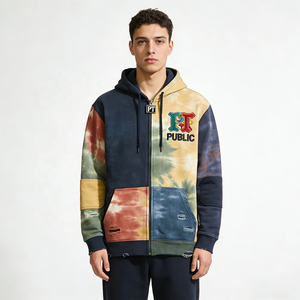 Sudadera con capucha para hombre ODM/OEM de moda, personalizada, con teñido anudado, bordado plano, estilo vintage, bloques de color, cremallera y efecto desgastado - Product Image 3