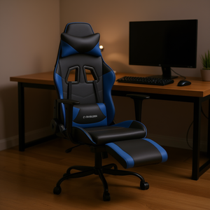 Sedia da Gaming in Ecopelle Nera e Blu con Funzione Massaggio e Poggiapiedi per Uso Domestico e Ufficio - Product Image 2