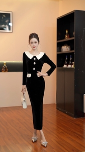 6882 Vestido Elegante <span class=keywords><strong>de</strong></span> Terciopelo Negro y Dorado Estilo Hepburn Retro Francés Corte Entallado para Mujer - Product Image 2
