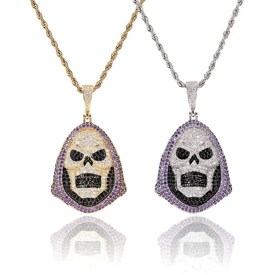 Skull Death Copper cubic zirconia Purple Pendant Personality Hiphop Men Jewelry Fashion Brands Stainless Steel Necklace Chain