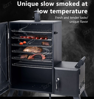 Barbecue rectangulaire professionnel robuste au charbon de bois avec fumoir à bois décalé, four de cuisine OEM pour fumer les saucisses, la viande et le poisson