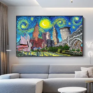油画梵高的星空与城墙艺术图片一起印在画布上，用于家庭房间浴室酒店装饰