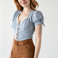 Chemisier pour femme à manches courtes bouffantes, motif carreaux bleus et blancs, avec bordure en dentelle et poignets à nouer, chemise intérieure pour Dirndl bavarois d'Oktoberfest
