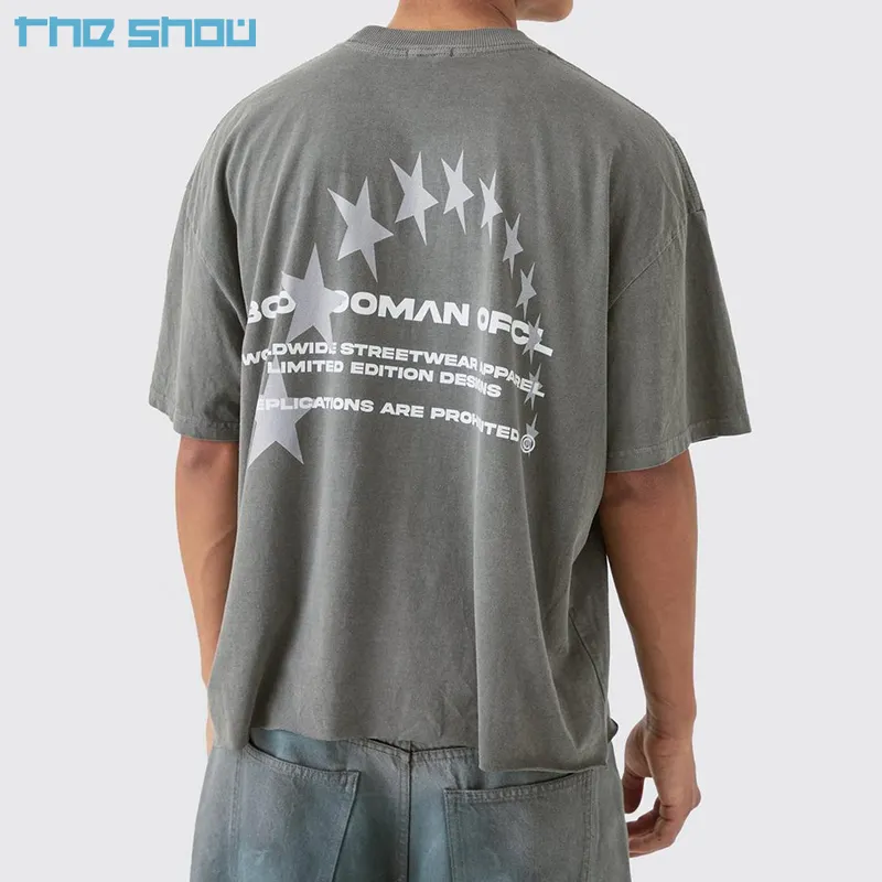 Aangepaste Mannen T-Shirts Met Ronde Hals Zwaargewicht Ster En Letterpatroon Streetwear Fabrikant Rauwe Zoom Oversized Boxy T-Shirt