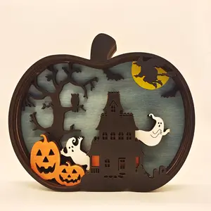 Halloween Wood Wall Light-Up Pumpkin Ghost Lamp Outdoor Animal Pattern Lantern Shadow Box Home Table Decorations Ornament