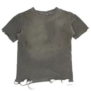 T-shirt da uomo personalizzata con stampa DTG, taglio <span class=keywords><strong>e</strong></span> cuciture su misura, effetto vintage acid wash, orlo sfrangiato <span class=keywords><strong>e</strong></span> strappato, 100% cotone, vestibilità slim, estiva - Product Image 2