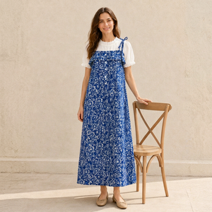 Premium Blue Color Floral Print Pinafore <b>Dress</b> Women's Square Neck Button Front Pocket Short Sleeve Shoulder <b>Straps</b> Long Wear - Product Image 1