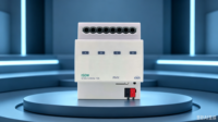 Actionneur de commutation KNX 4 voies 230V AC, montage sur rail DIN, protection IP20, capacité de coupure 10A pour la domotique et l'automatisation des bâtiments