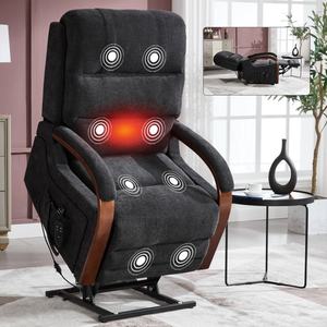 Sillón <span class=keywords><strong>Reclinable</strong></span> Eléctrico de Chenilla Negra con Doble Motor, Reposabrazos de Madera Maciza, Bolsillos Laterales, Masaje con Calor y Temporizador, de Alta Resistencia - Product Image 1