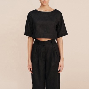 <span class=keywords><strong>Pantaloni</strong></span> Neri da Donna a Vita Alta con Apertura Frontale a Gancio, Dettaglio Pieghe Invertite, Gamba Larga, 100% Lino - Product Image 2