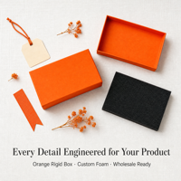 Boîte cadeau rigide avec couvercle orange et insert en mousse, boîte rectangulaire personnalisée avec logo pour emballage de luxe et d'outils