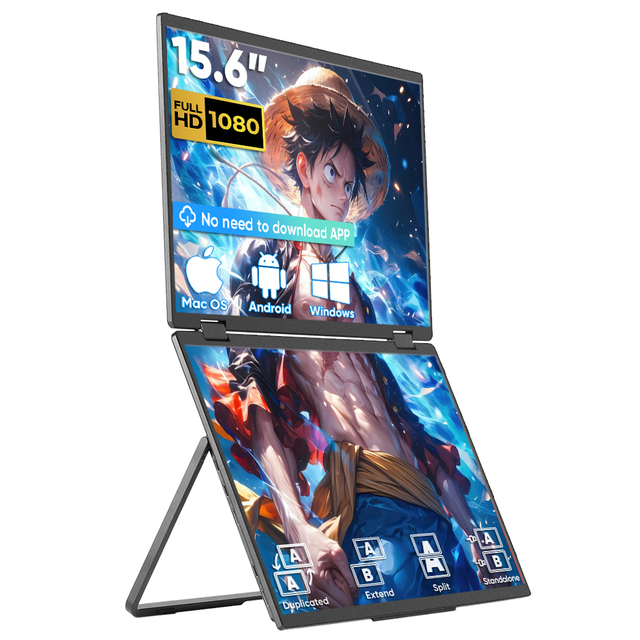 15.6" Portable IPS Foldable Dual Stacked Monitor 1080P FHD Laptop Screen Extender Built-In Stand Single Cable Triple Monitor