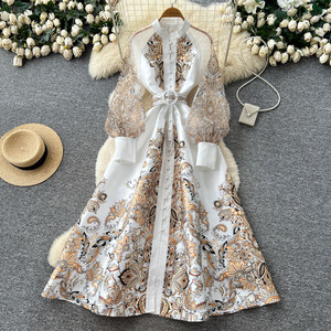 Винтажное платье с цветочным принтом, рукавами-фонариками, воротником-стойкой, летнее, с высокой талией, А-силуэта, элегантное облегающее платье для женщин - Product Image 2