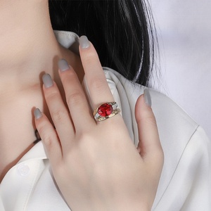 Fashion Jewelry Eco-friendly Copper Unique Bicolor Style Gold Plated Insert Oval Cut Red Zircon Two Tone Plated Band <b>Ring</b> - Product Image 4