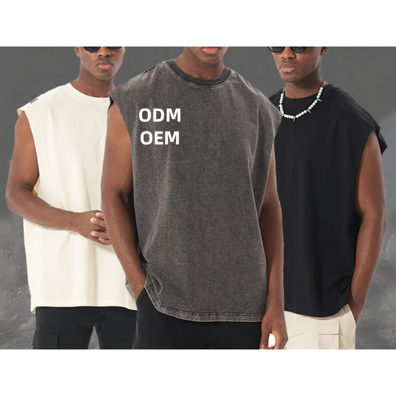Wholesale Bulk Supply Oversized High Street Vintage Washed Distressed Vest Sleeveless Tshirt Tank Top Men Round Collar Print