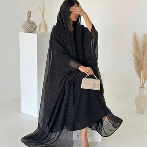 Abaya noire à pois transparente de luxe personnalisée Leduo avec hijab assorti - Robe kaftan élégante et modeste - Product Image 1