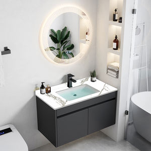 Set Kabinet Penyimpanan Kamar Mandi Aluminium Anti Air dengan Lapisan Hitam Modern, Cermin LED, Wastafel Keramik, dan Rak Lantai untuk Hotel - Product Image 3