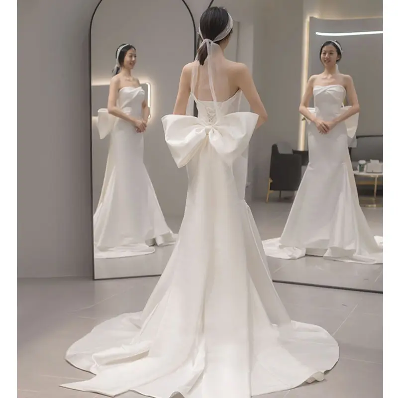2024 सैटिन ब्रा लाइट वेडिंग ड्रेस नई सफेद टेल-एंड इवनिंग गाउन पार्टी ड्रेस सगाई ट्रैवलशूट आईएनएस