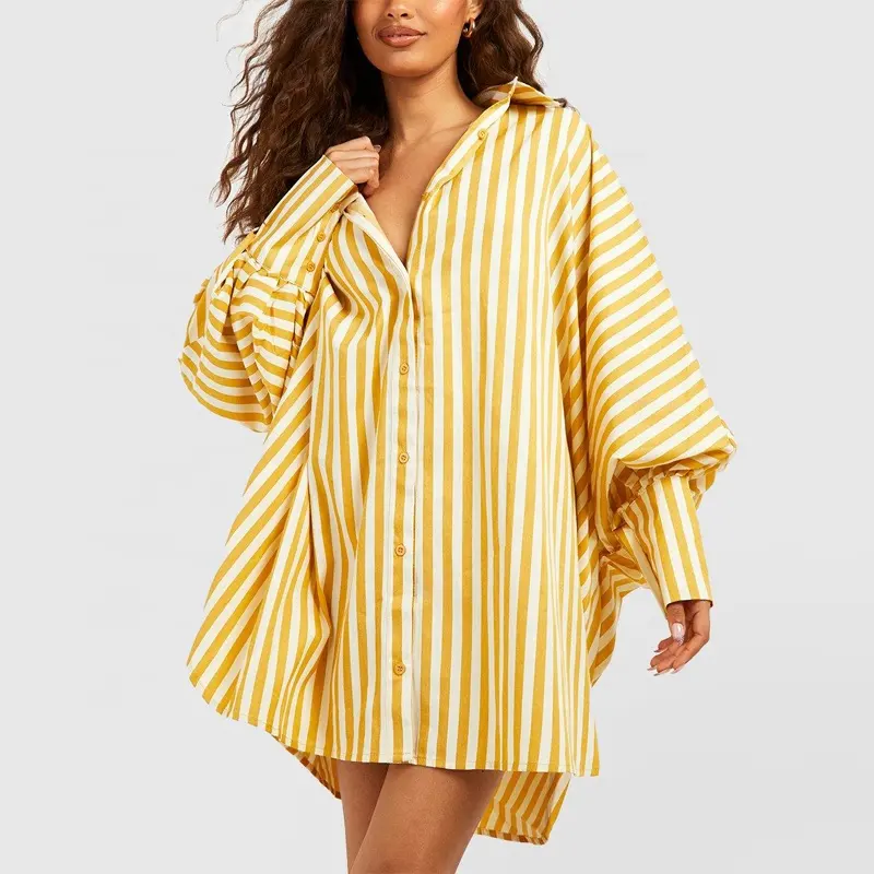 Customization women beautiful print dress long sleeve pinstripe print puff sleeve sexy mini yellow shirt dress