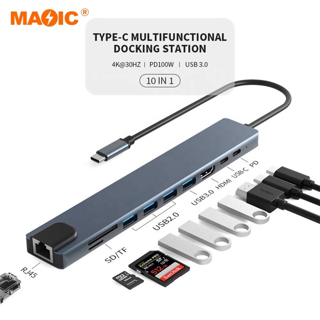 10 in 1 4k USB Type C Hub to USB2.0 USB3.0 100M Gigabit Ethernet Network Card Rj45 Lan Adapter for Laptop Type C Windows