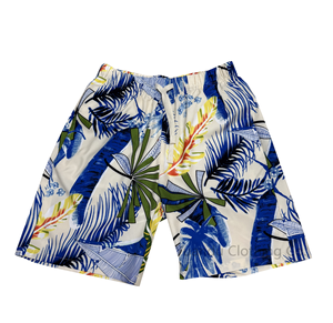 Shorts de bain pour hommes personnalisés, imprimés tropicaux, taille mi-haute, avec cordon de serrage, en tissu tissé, style designer - Product Image 1