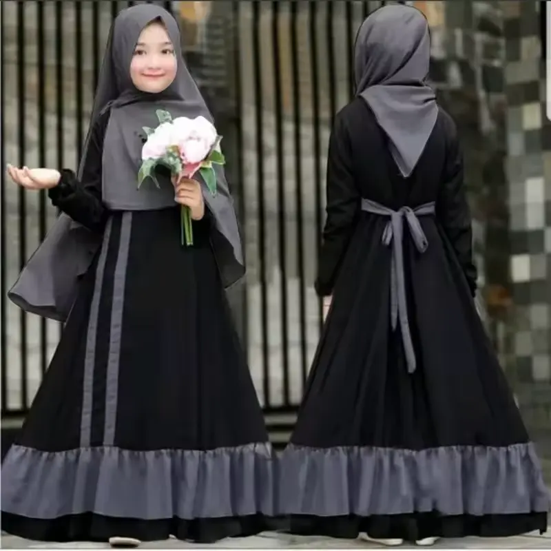 Oriente Medio Popular 2 uds negro musulmán vestido de longitud completa conjunto de hiyab liso oración Ramadán Eid islámico Abaya vestido para chico chica