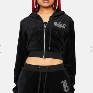 <span class=keywords><strong>Ensemble</strong></span> deux pièces en <span class=keywords><strong>velours</strong></span> corail pour femmes, sweat-shirt à capuche avec lettres et strass, style streetwear hip-hop décontracté, fermeture éclair, tenue de sport - Product Image 4
