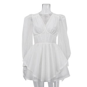 Abito Mini Estivo da Donna Personalizzato Stile Sexy Hot Girl con Scollo a V, <span class=keywords><strong>Maniche</strong></span> <span class=keywords><strong>Lunghe</strong></span>, Vita Alta, <span class=keywords><strong>Bianco</strong></span>, Linea ad A - Product Image 3